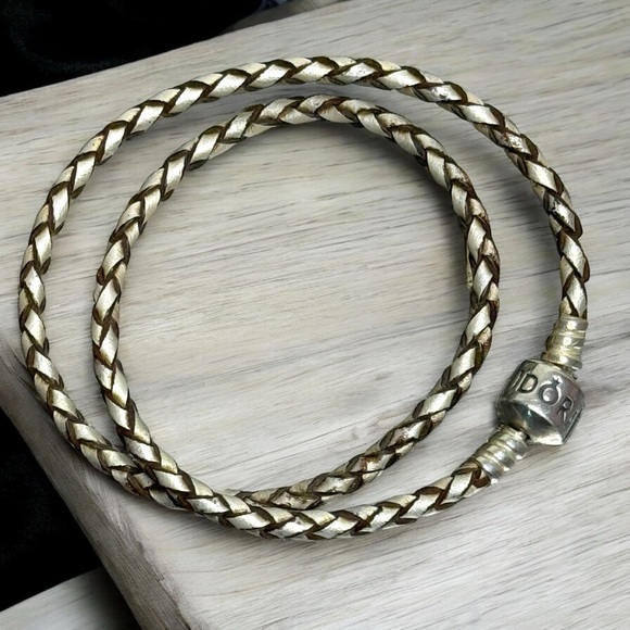 Retired Pandora Moments Double Champagne Braided Leather Bracelet - Picture 9 of 13
